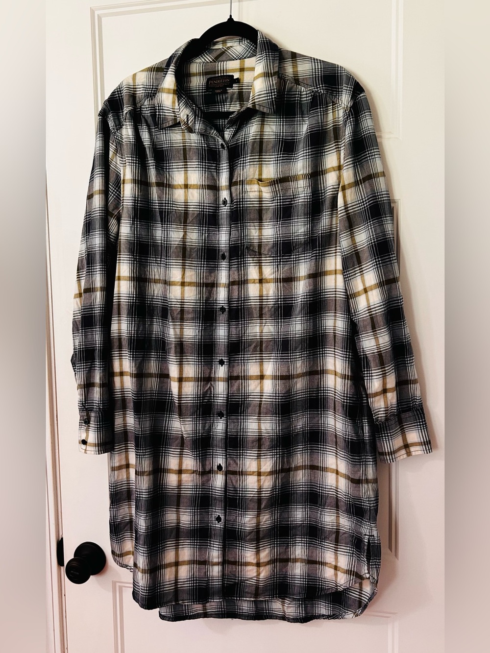 Pendleton Plaid Tunic Shirt Dress Large 100% Cotton Button Front Pockets Shacket